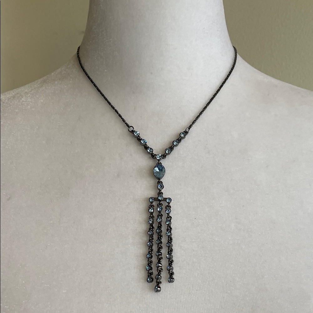 GIVENCHY Silver Gunmetal Necklace Y Drop Blue Crystals Vintage